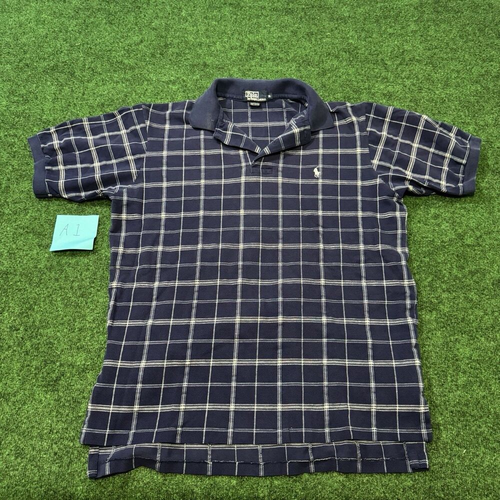 Vintage Polo Ralph Lauren Shirt XL Made USA Plaid Check Navy Short Sleeve Polo